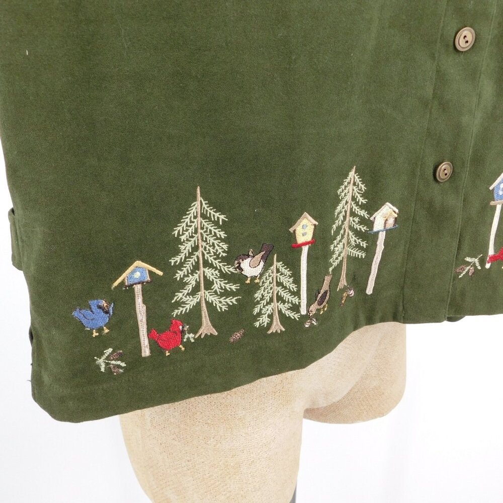 Christopher And Banks Women PXL Green Button Up Stretch Shirt Bird House Tree - Picture 5 of 10